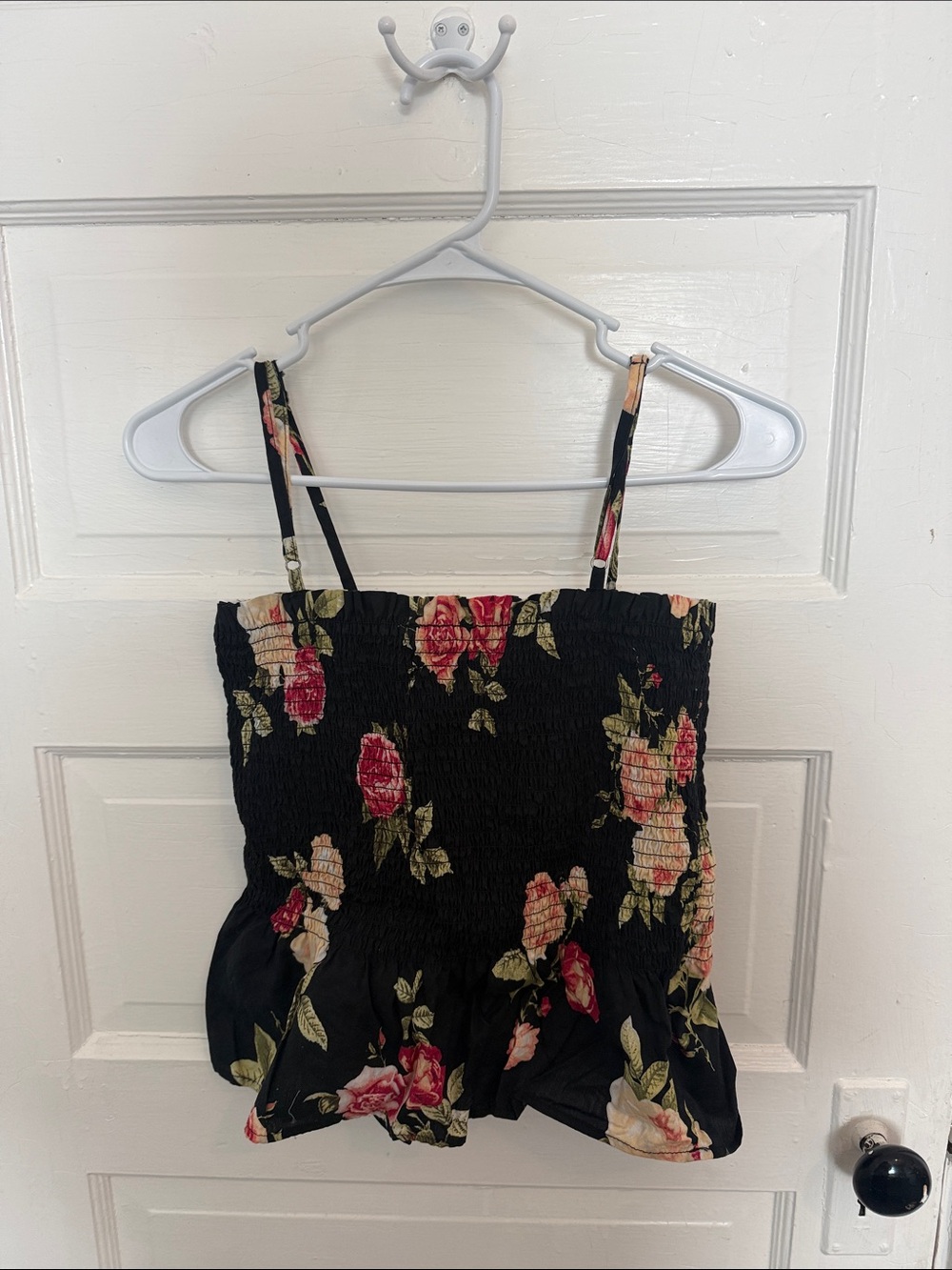 Floral Smocked Black Tank Top with Ruffled Hem